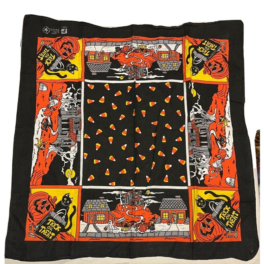 VTG USA Halloween Cotton Handkerchief Haunted House Ghost Pumpkin Candy Corn